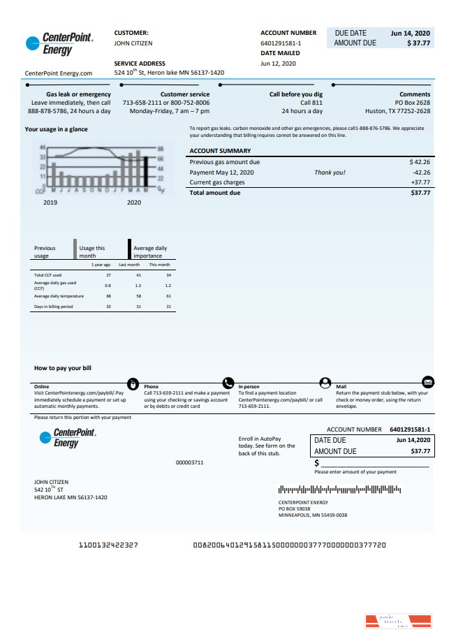USA Texas Center Point Energy utility bill template in Word and PDF format
